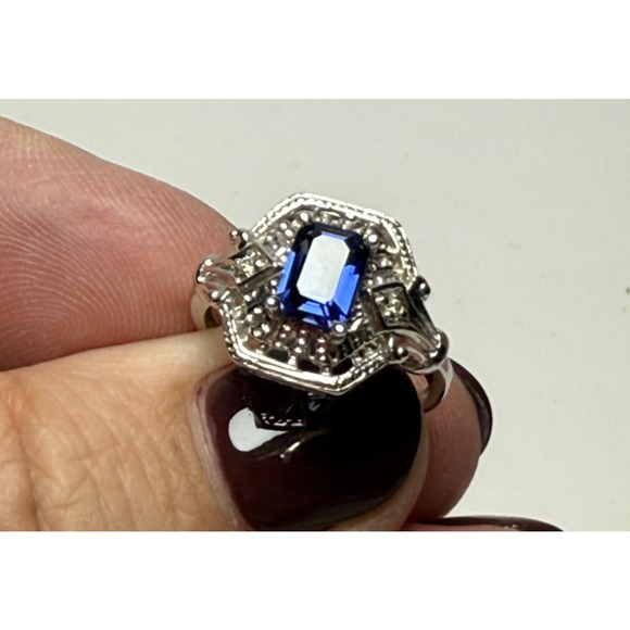 14K Art Deco Style White Gold Lab Created Blue Sapphire Ring 3.24grams Size 6.5 - Picture 7 of 9